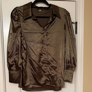Olive Satin Button-Up Blouse